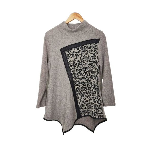 Trisha Tyler Tan Floral Tunic Sweater with Pockets Asymmetric Mock Neck Med - Picture 1 of 10